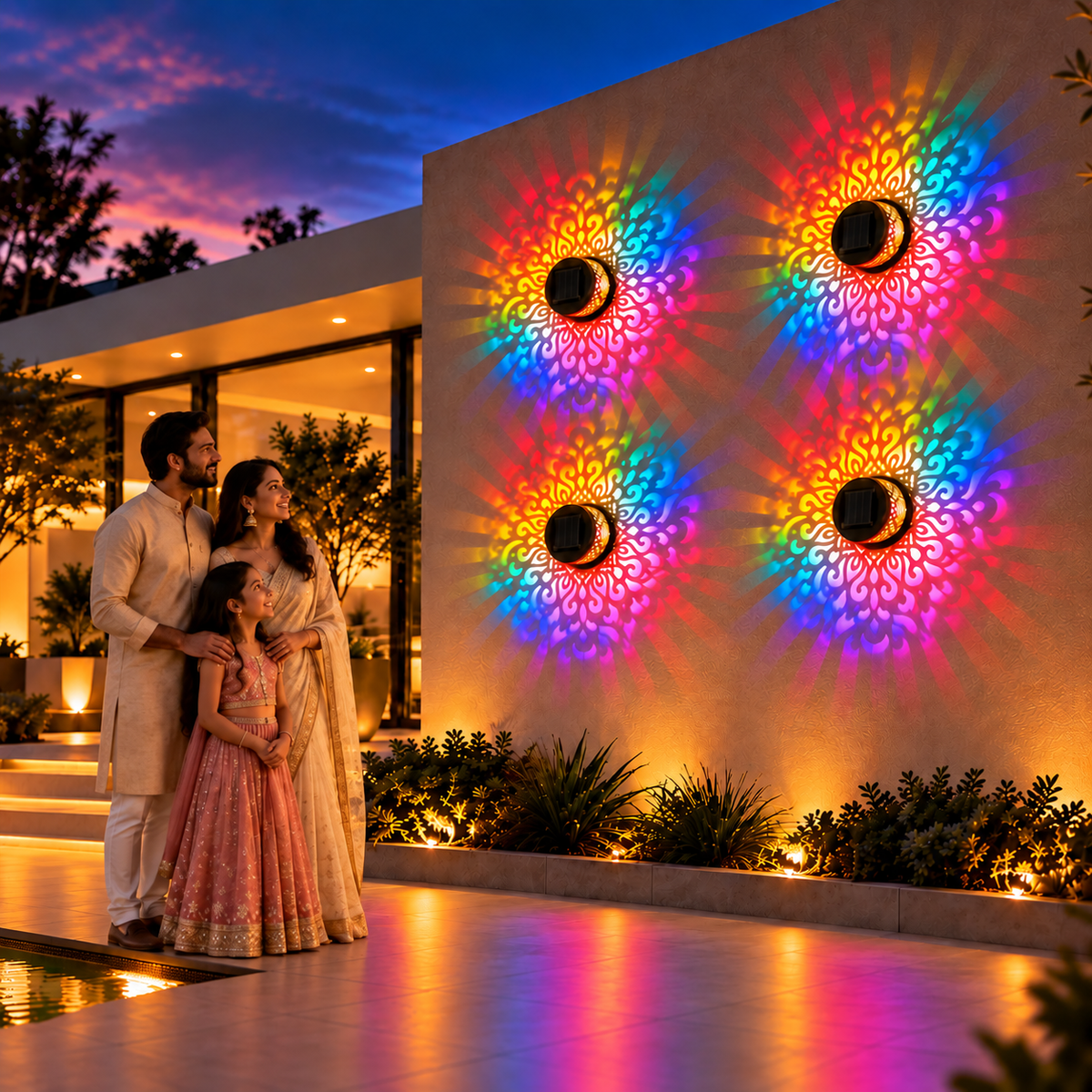 Family enjoying colorful solar mandala projections across an outdoor courtyard wall