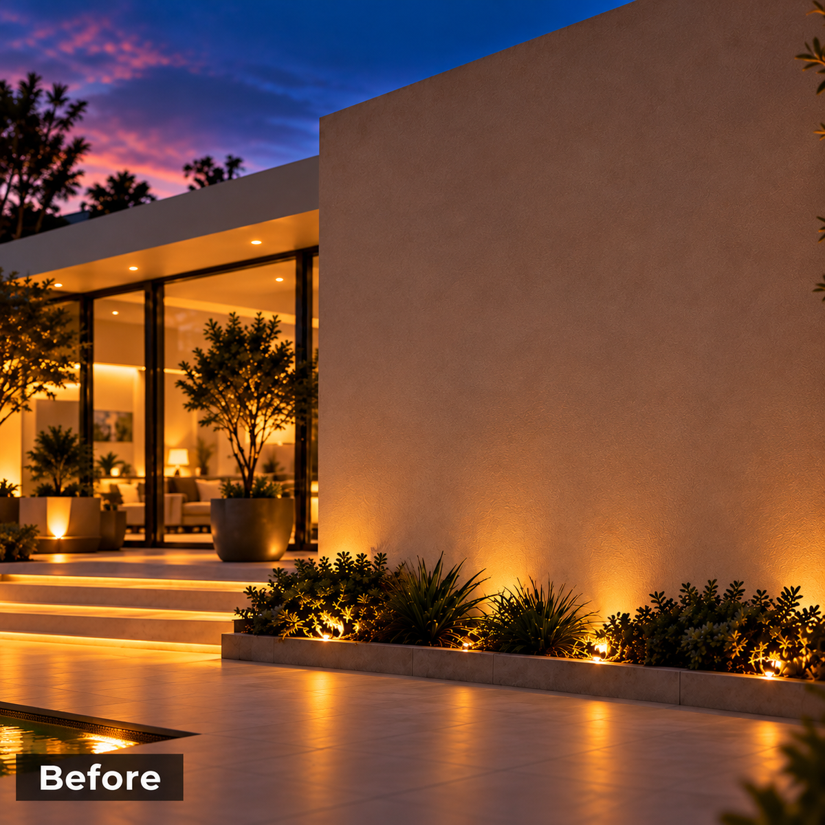 Minimal outdoor courtyard wall before decorative mandala lighting